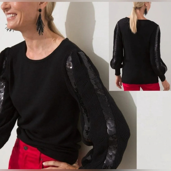 Chicos Textured Pullover Sequin Sleeves Black Sweater Party Size 1 US Medium - Picture 3 of 8